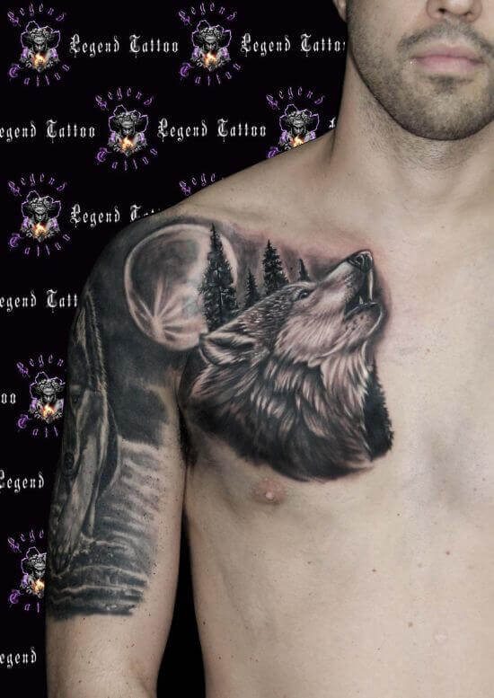 Amazing Wolf With Moon Tattoo Designs