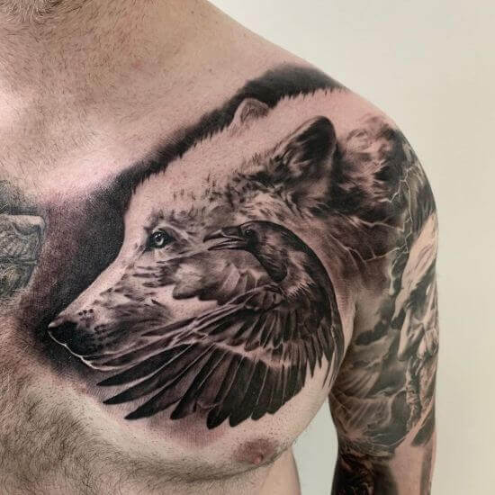 Wolf With Raven Tattoo