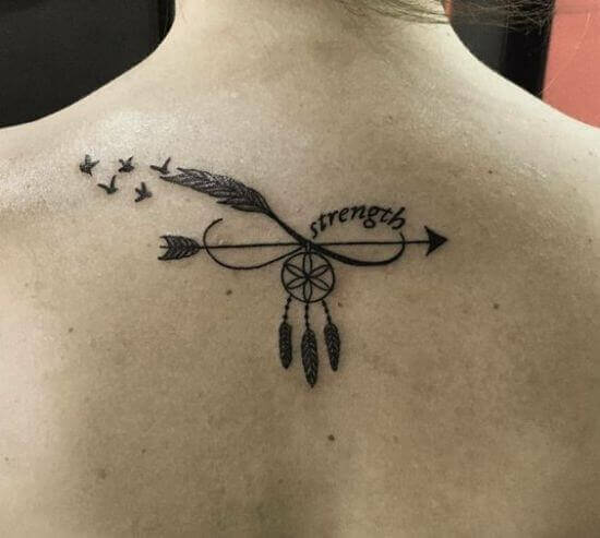 Arrow, Birds, Strength, and Dream Catcher Infinity Tattoo ideas on Back