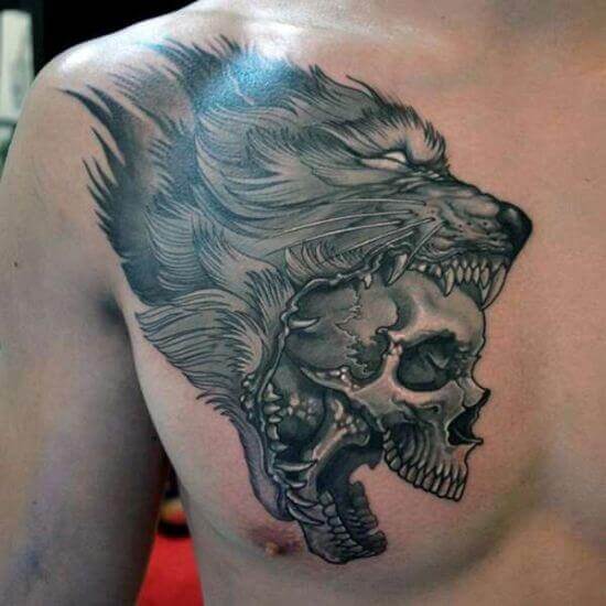 Wolf with Skull in Mouth Tattoo