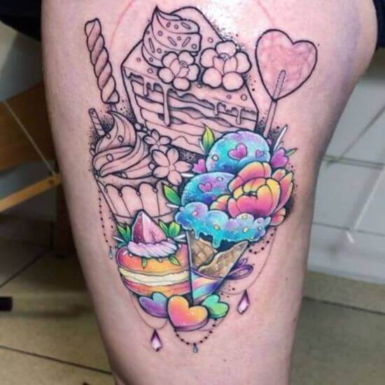 Big Ice cream tattoo on thigh