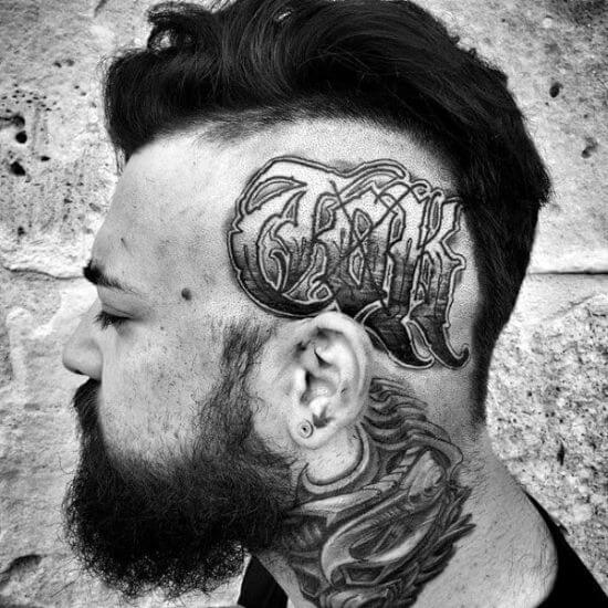 Script tattoos on men head