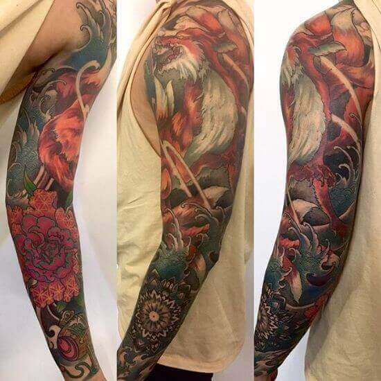 Best Japanese Fox Sleeve Tattoo Designs 8