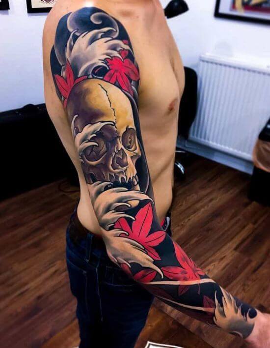 Best Japanese Skull Sleeve Tattoo Designs 11