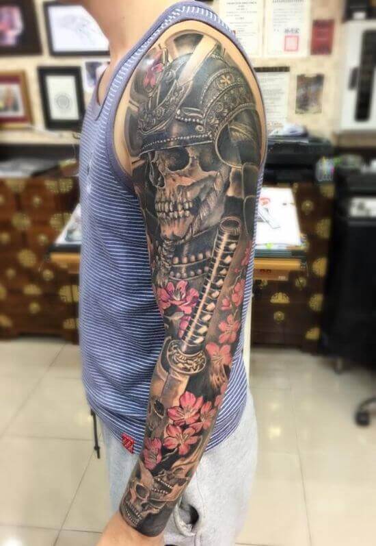 Best Japanese Skull Sleeve Tattoo Designs 15