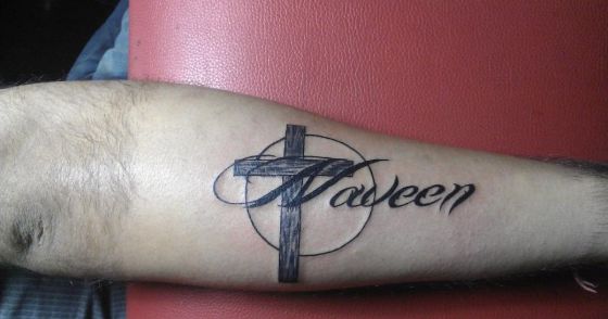 Cross Tattoo with Name on arm