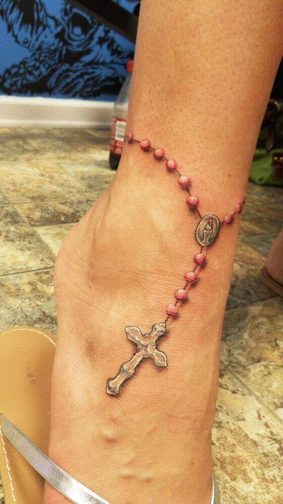 Catholic Cross Tattoo with Rosary on Ankle