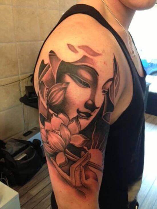 beautiful Buddha and lotus half sleeve tattoo