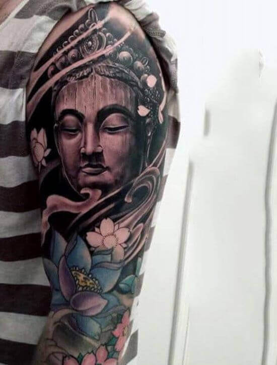 floral with buddha tattoo for guys