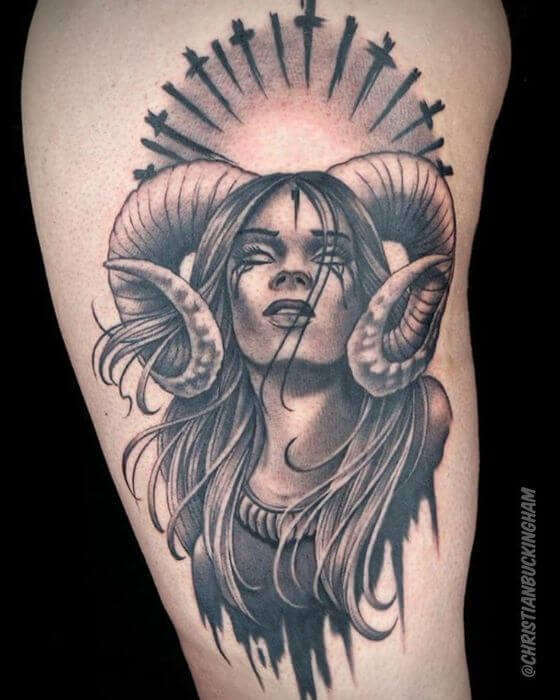 Demon Girl tattoo on thigh