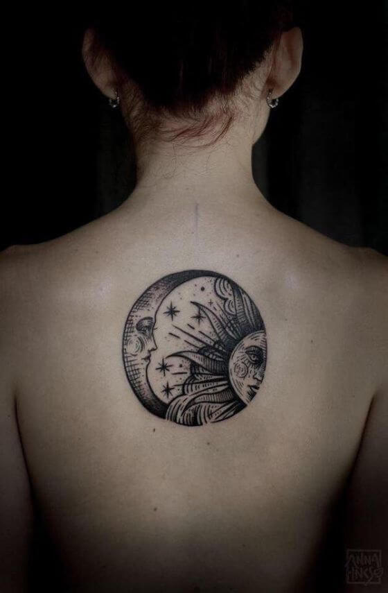 Best back sun and moon tattoos