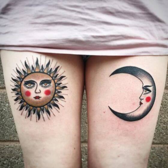 Facing Sun and moon tattoo ideas