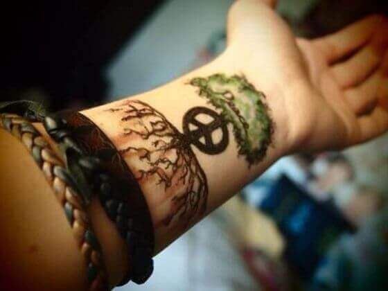 Peace sign with tree tattoo designs