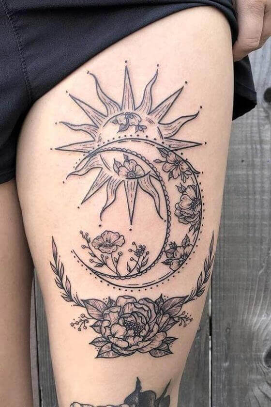 Sun moon Thigh tattoo