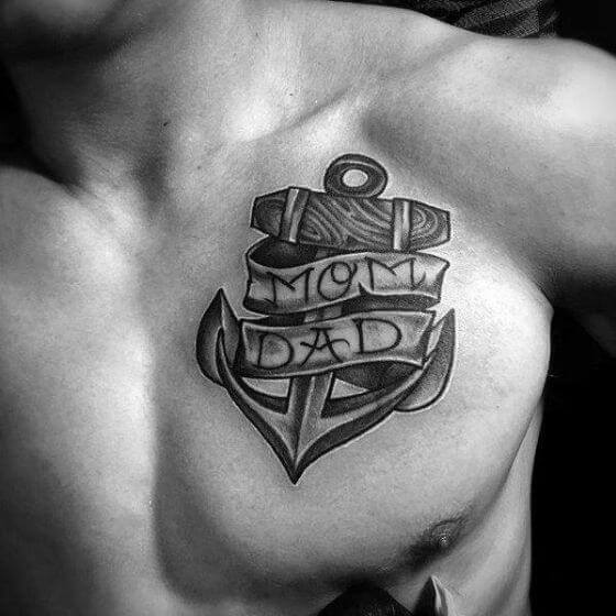 Anchor with “MOM” and “DAD” tattoo ideas on men Chest1