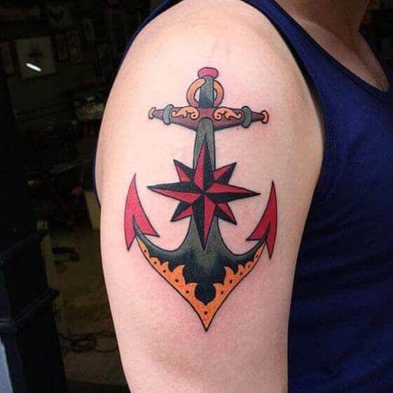 Colorful Anchor with Nautical Stars tattoo designs
