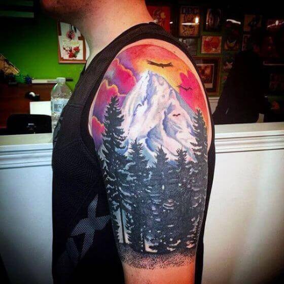 Colorful Mountain And Sunset Tattoo ideas on arm
