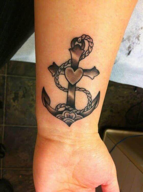 black and gray anchor with heart tattoo ideas on wrist