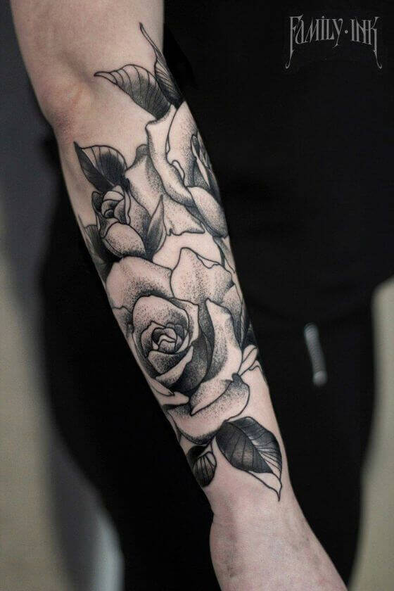 Black And Grey Roses Tattoo On Right Forearm