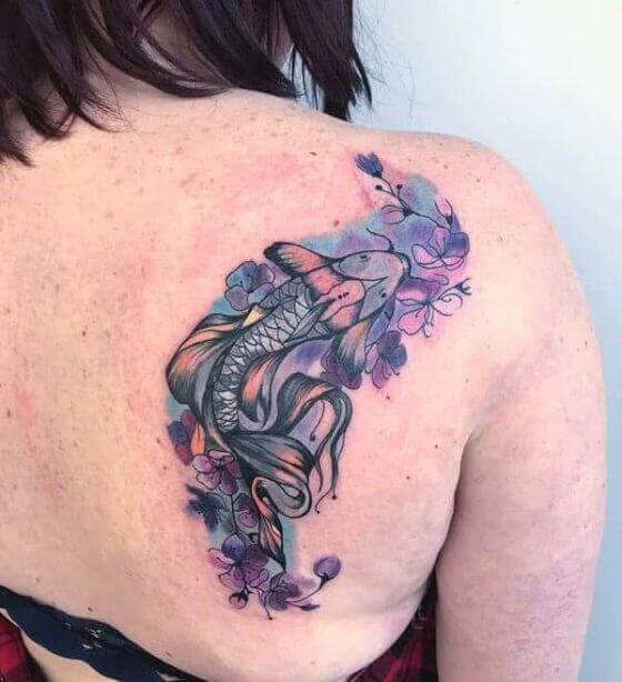 Butterfly Koi Fish Tattoo on women back