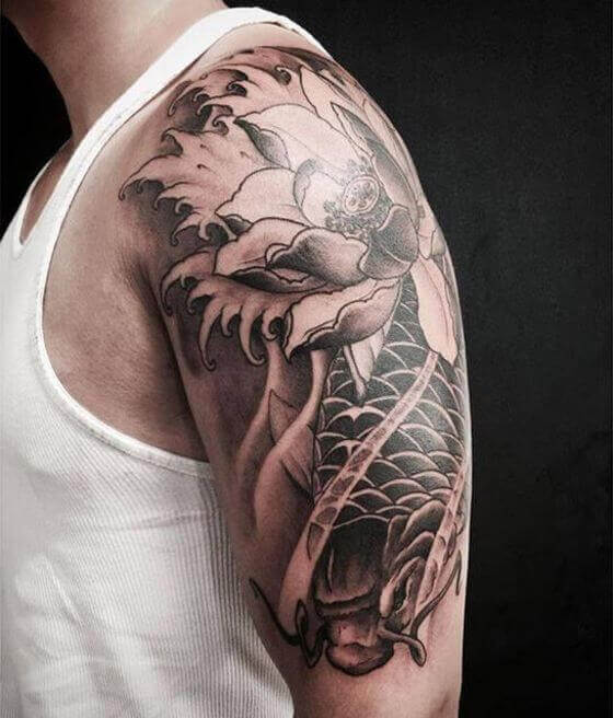 Half Sleeve Fish with Lotus Tattoo