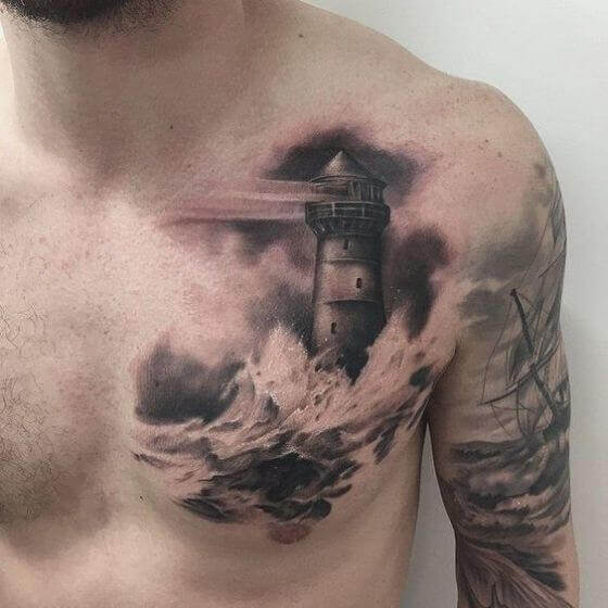 Lighthose chest tattoo man