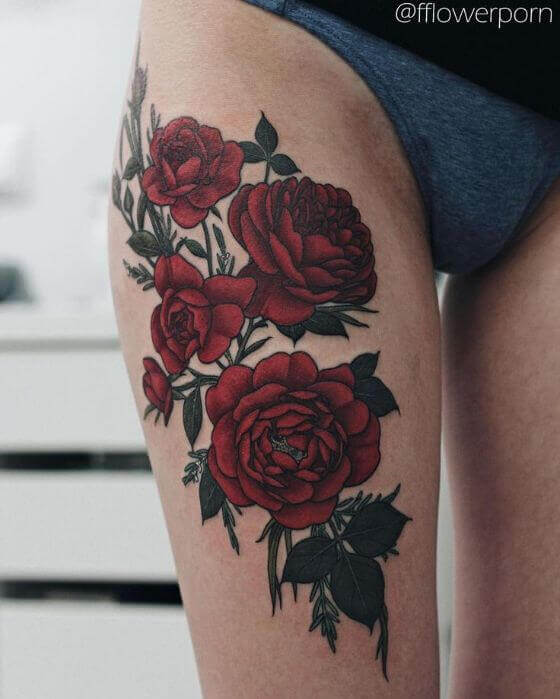 best Red Roses Tattoo On Girl Right Thigh