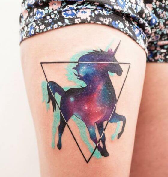 best Unicorn tattoo in Triangle on girl thigh