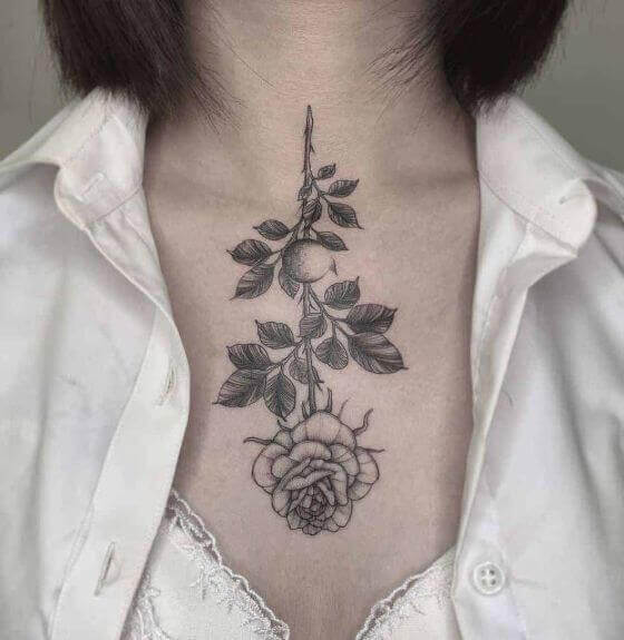 best chest rose with stem tattoo