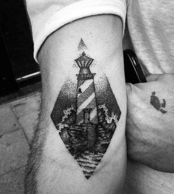 black ink dotwork lighthouse tattoo designs