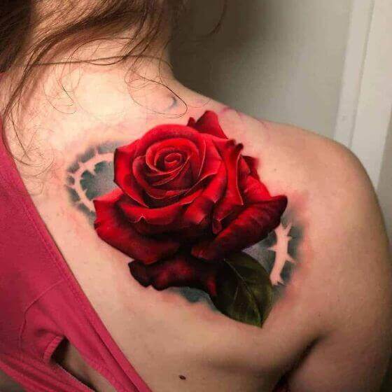 realistic rose shoulder tattoos on shoulder