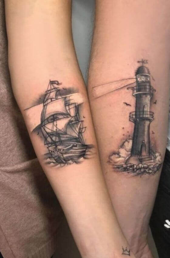 ship and lighthouse matching tattoo ideas