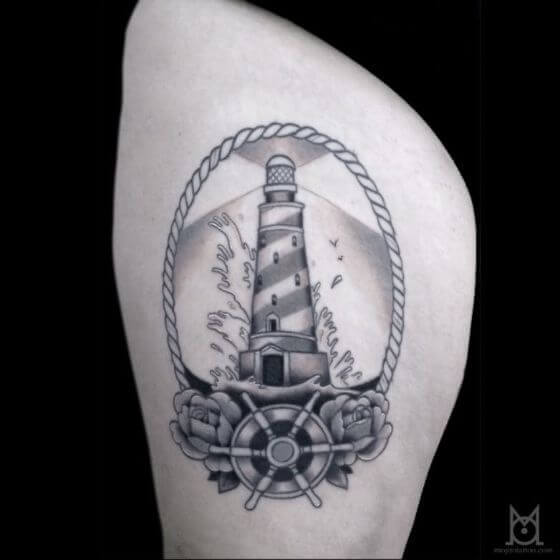 unique lighthouse women thigh tattoos