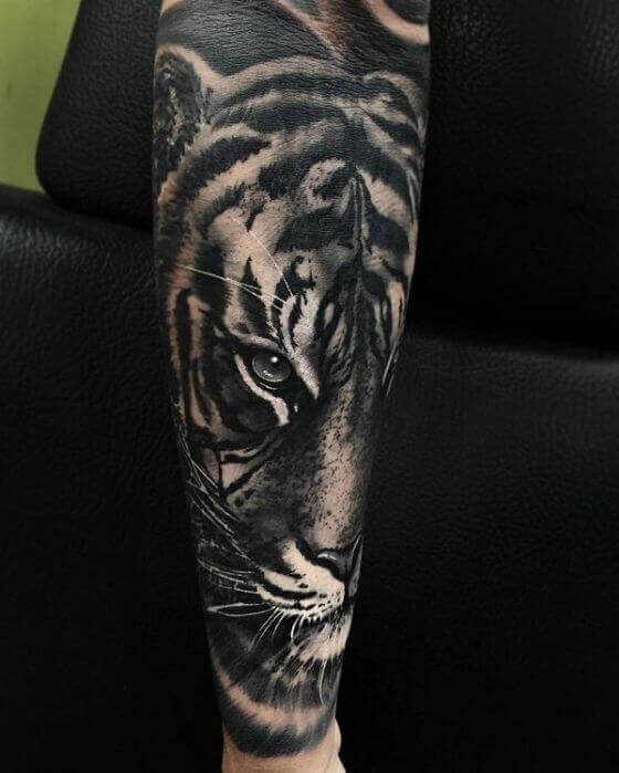 Black and White Tiger Tattoo on sleeve