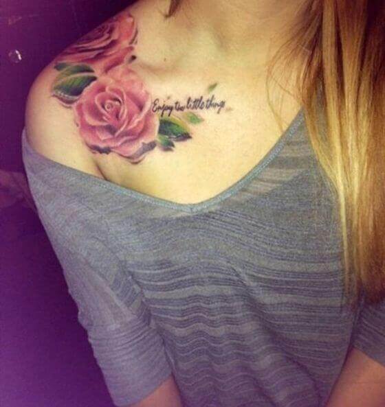 Pink rose Flower Tattoo On Shoulder