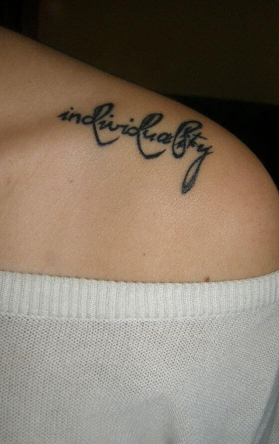 Text tattoo on shoulder