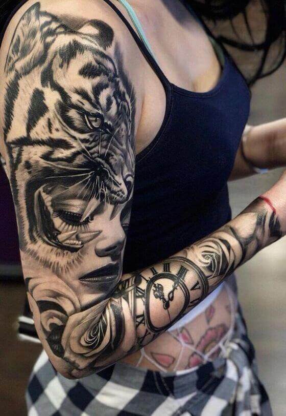 Tiger potrait women sleeve tattoos