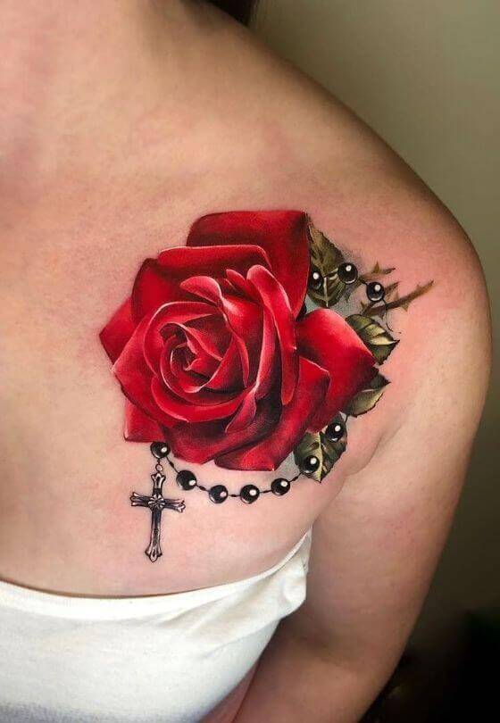 Women Red Flower tattoo on shoulder