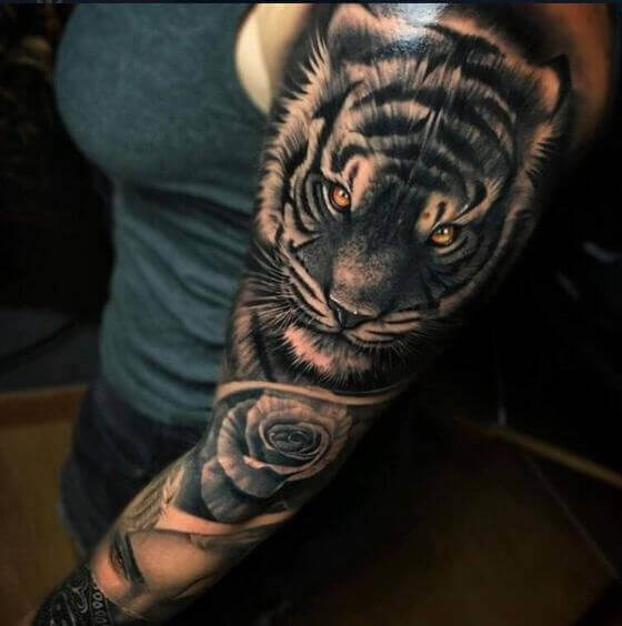 best tiger with flower sleeve tattoo designs