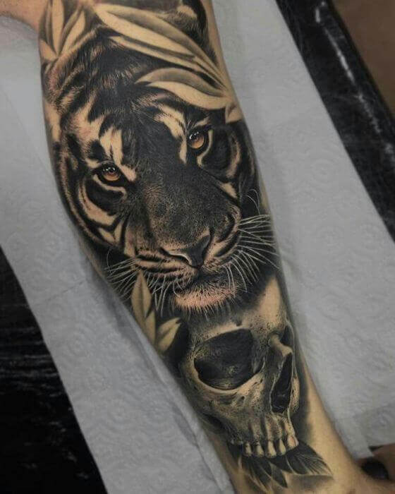tiger with skull sleeve tattoo