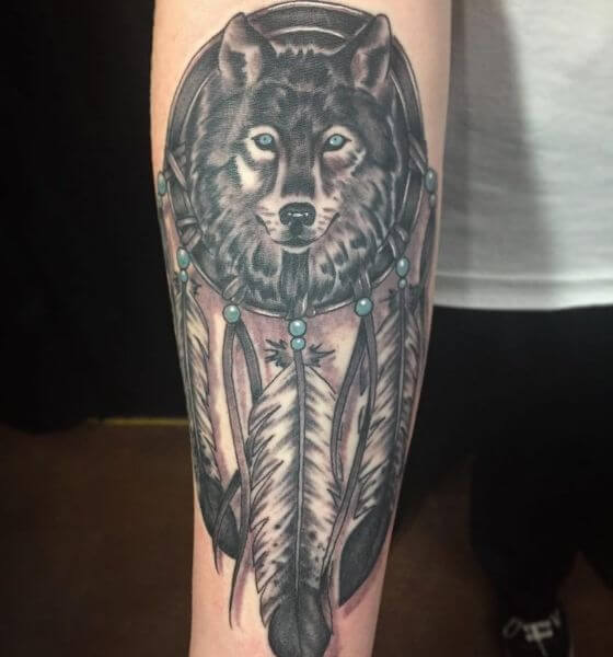 Beautiful wolf dream catcher tattoo