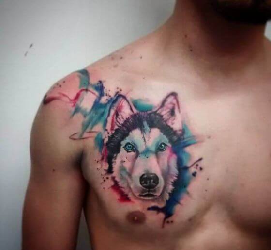 Best Watercolor Dog Tattoo on chest