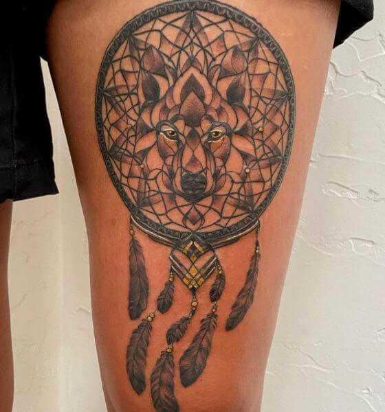 Best dream catcher wolf tattoo on thigh