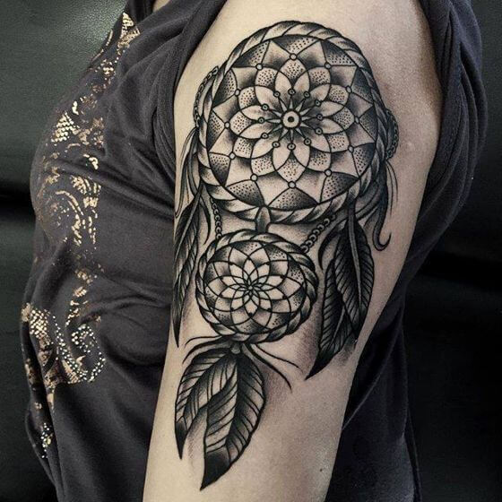 Black And Grey Dreamcatcher Tattoo