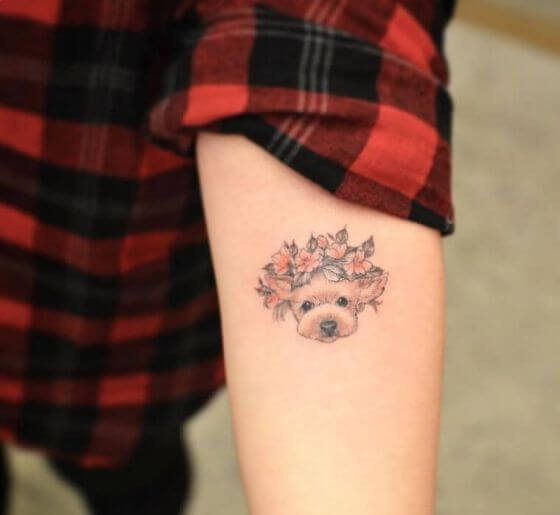 Cute Floral Dog Portrait Memorial Tattoo