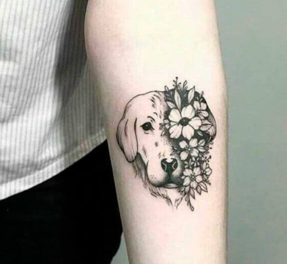 Dog and Flowers Memorial Tattoo ideas