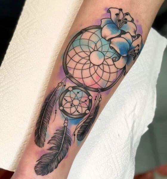 Dream catcher tattoo floral design tattoo on leg