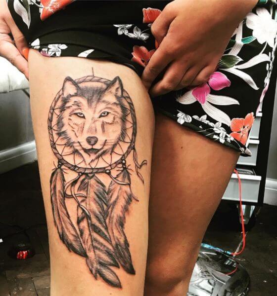 Wolf with Dreamcatcher Tattoo Design On Thigh