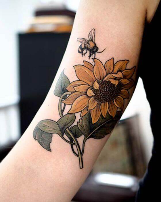 Honey Bee Tattoo with Flowers