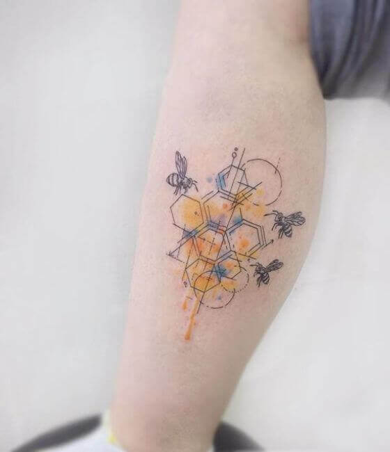 Honey bee tattoo on the leg 4